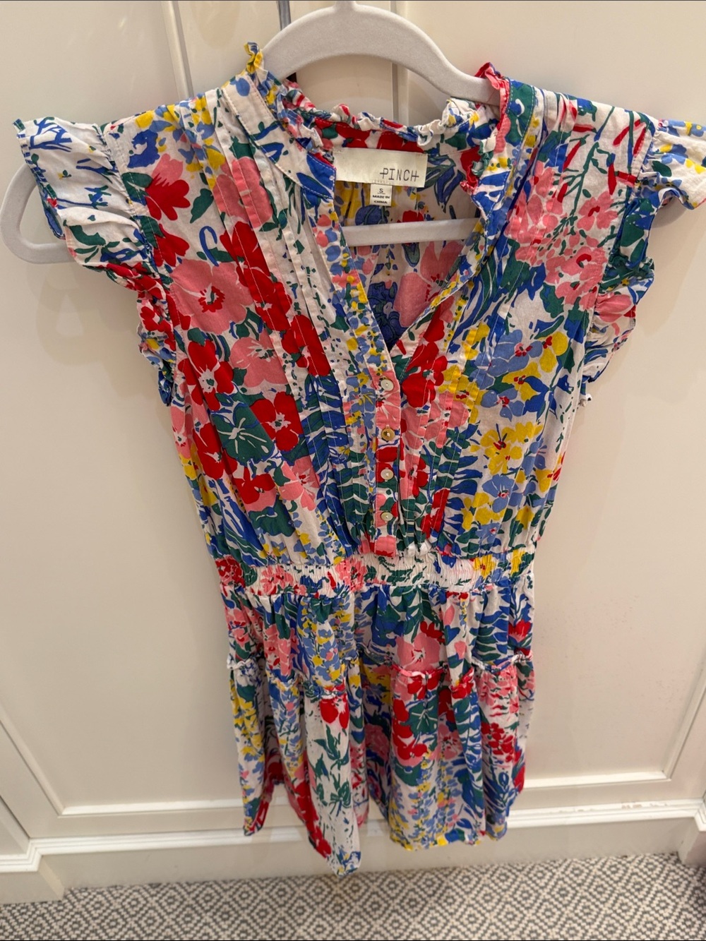 Pinch Floral Button-Front Ruffle Dress in White, Red, Blue & Yellow Size S